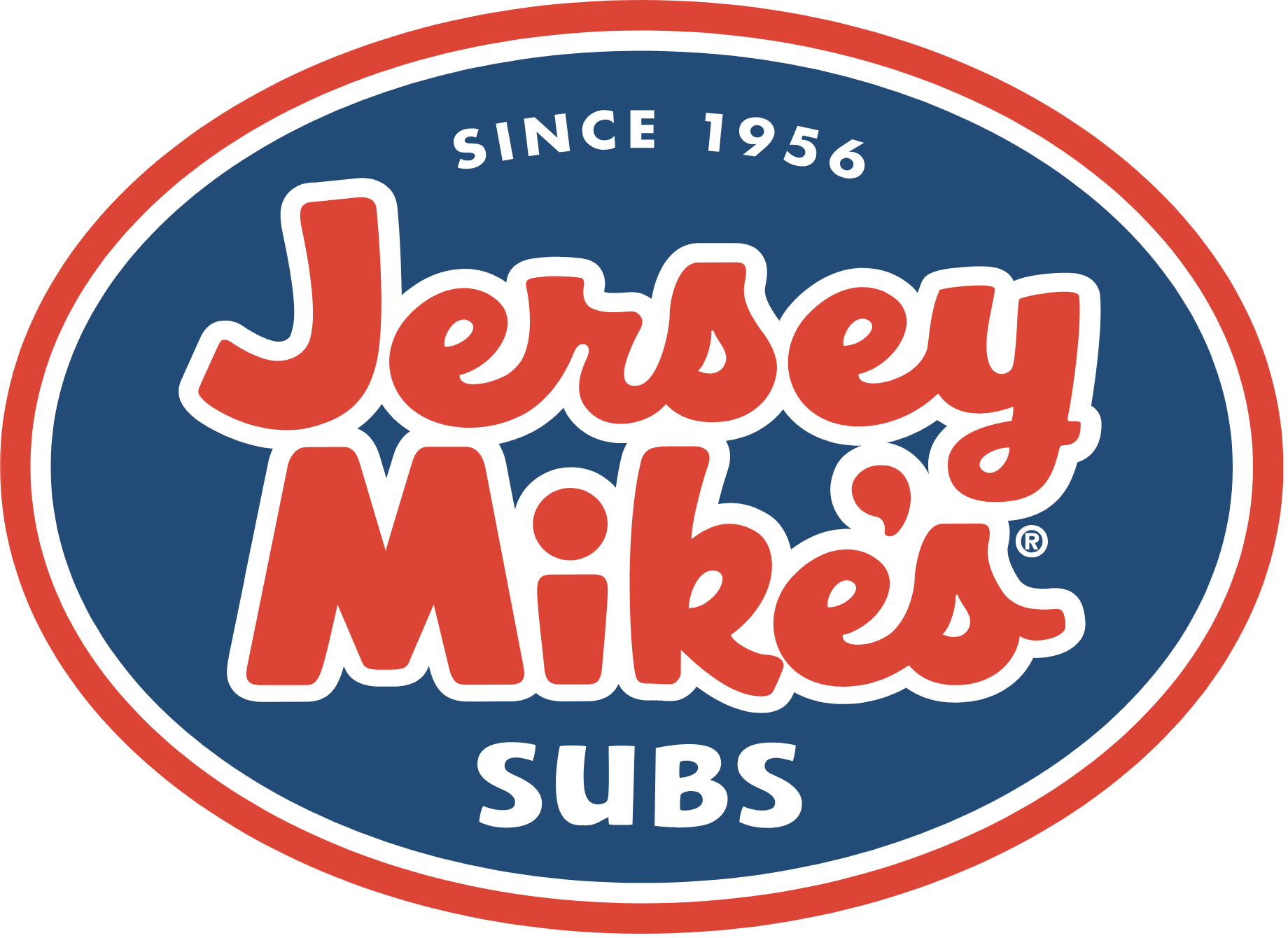 The Jersey Mike's Subs logo features the brand name in red text on a blue background, encircled by a white and blue border, with "Since 1956" and "Subs" written in smaller text.